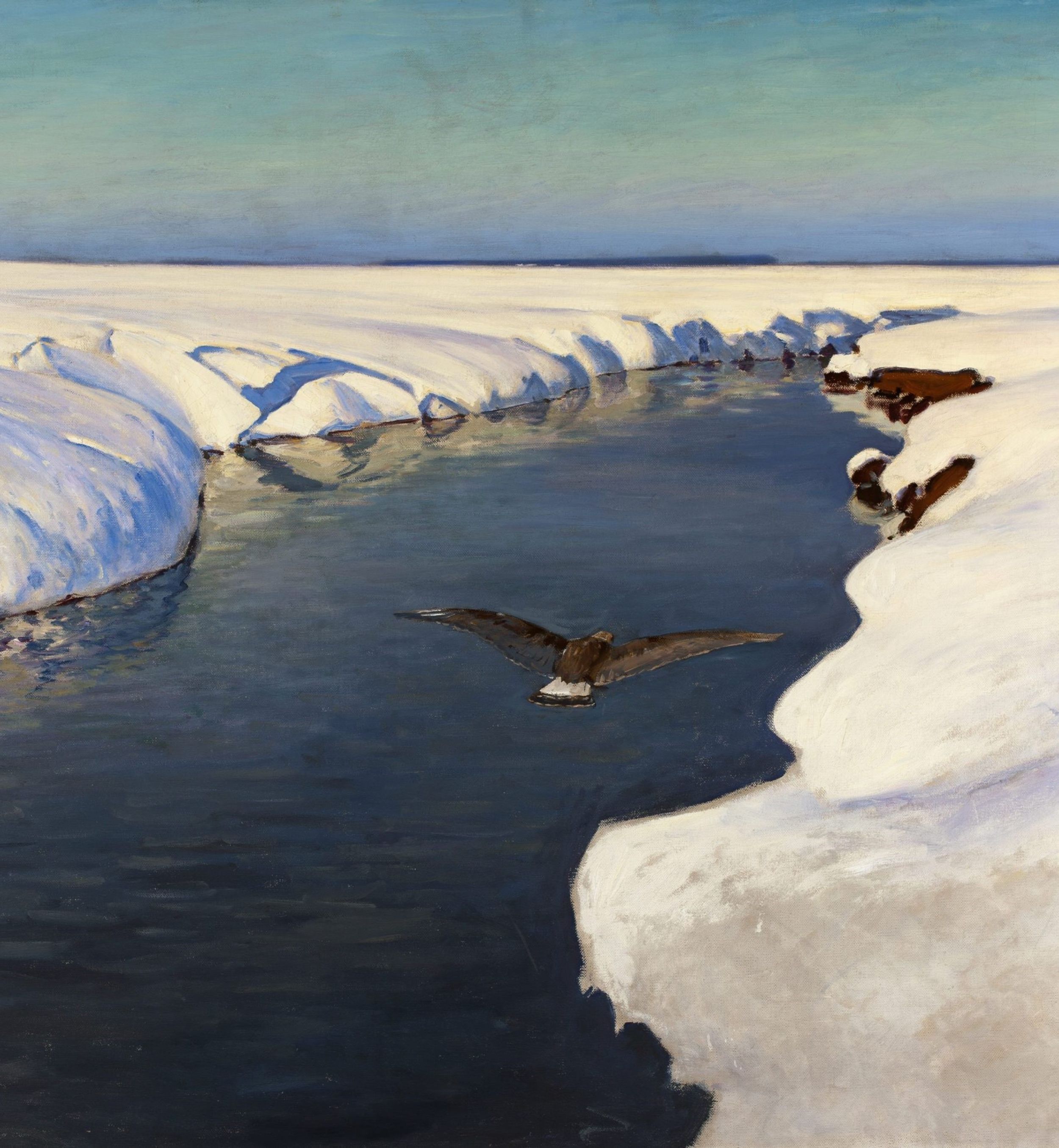 © Musée national de Varsovie / Julian Fałat - Paysage d’hiver avec rivière et oiseau, 1913. Huile sur toile, 106 x 135 cm